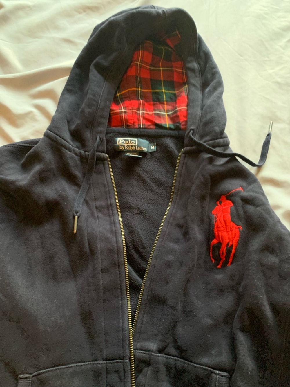 Polo by Ralph Lauren Navy Zip Hoodie with Red Pony and Tartan Hood Lining - Picture 2 of 5